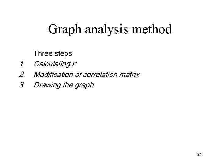 Graph analysis method Three steps 1. 2. 3. Calculating r* Modification of correlation matrix