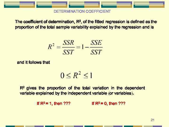 DETERMINATION COEFFICIENT The coefficient of determination, R 2, of the fitted regression is defined