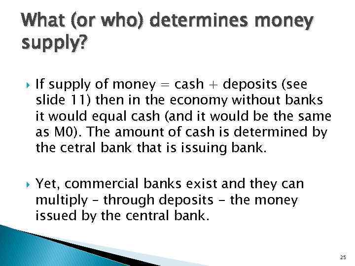 What (or who) determines money supply? If supply of money = cash + deposits