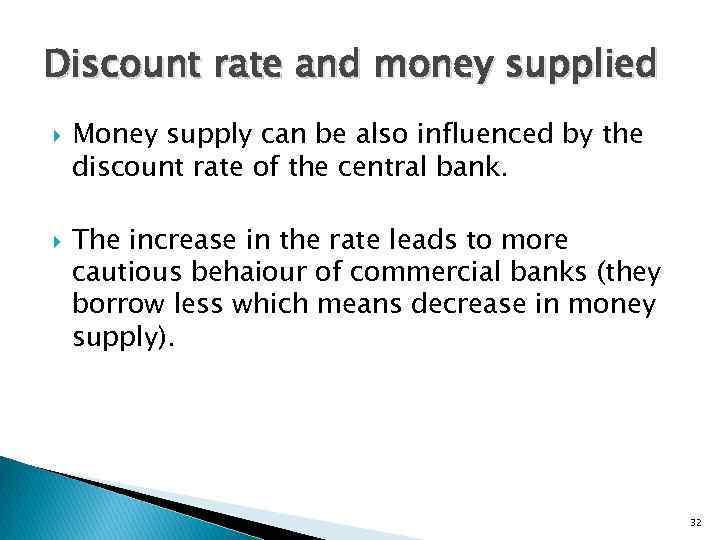 Discount rate and money supplied Money supply can be also influenced by the discount