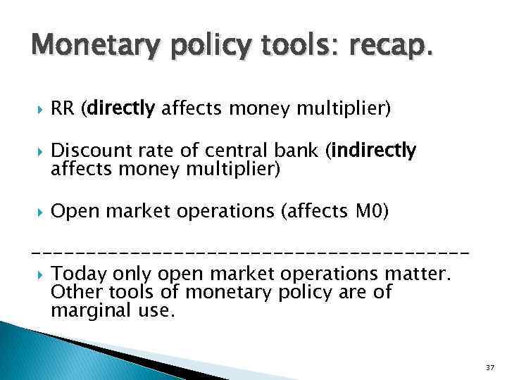 Monetary policy tools: recap. RR (directly affects money multiplier) Discount rate of central bank