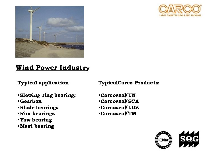 Wind Power Industry Typical application : Typical. Carco Products: • Slewing ring bearing; •