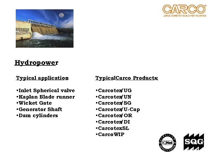 Hydropower Typical application : Typical. Carco Products: • Inlet Spherical valve • Kaplan Blade