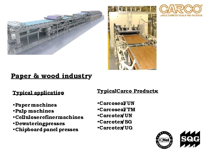 Paper & wood industry Typical application : Typical. Carco Products: • Paper machines •