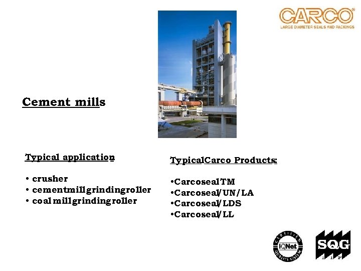 Cement mills Typical application : Typical. Carco Products: • crusher • cementmill grinding roller