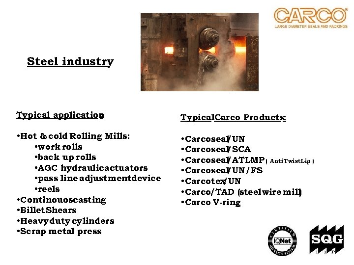 Steel industry Typical application : Typical. Carco Products: • Hot & cold Rolling Mills: