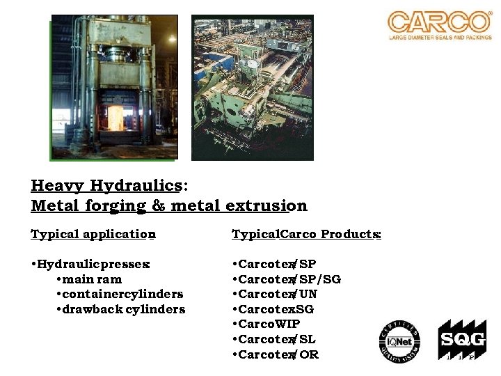 Heavy Hydraulics: Metal forging & metal extrusion Typical application : Typical. Carco Products: •