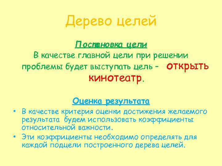 Дерево целей Постановка цели В качестве главной цели при решении проблемы будет выступать цель