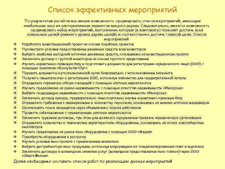 Список эффективных мероприятий По результатам расчётов мы имеем возможность сформировать список мероприятий, имеющих наибольшие