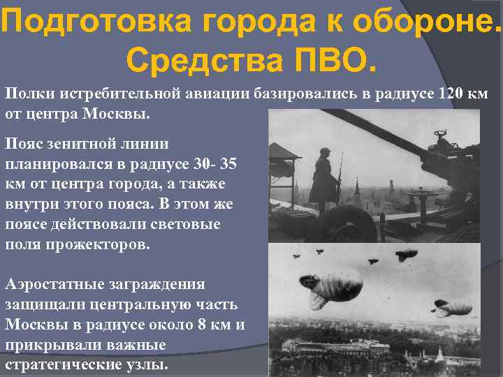 Подготовка города к обороне. Средства ПВО. Полки истребительной авиации базировались в радиусе 120 км