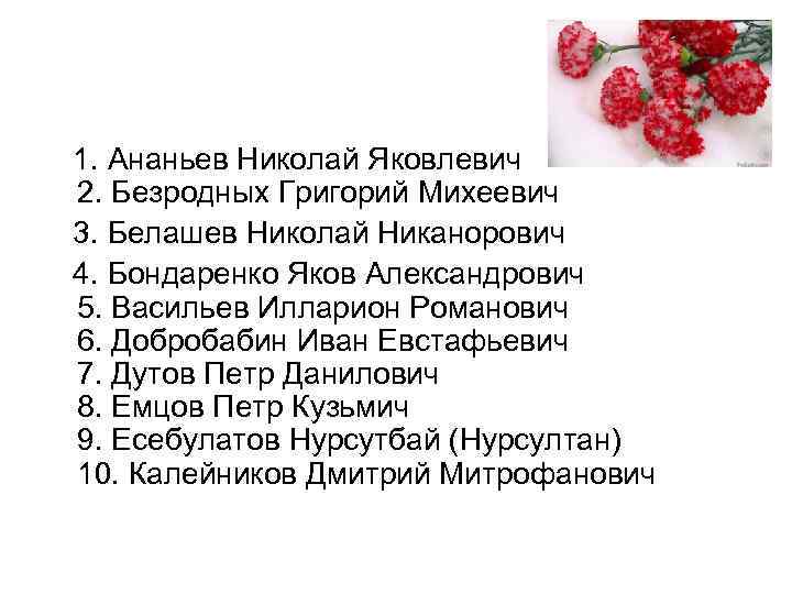  1. Ананьев Николай Яковлевич 2. Безродных Григорий Михеевич 3. Белашев Николай Никанорович 4.