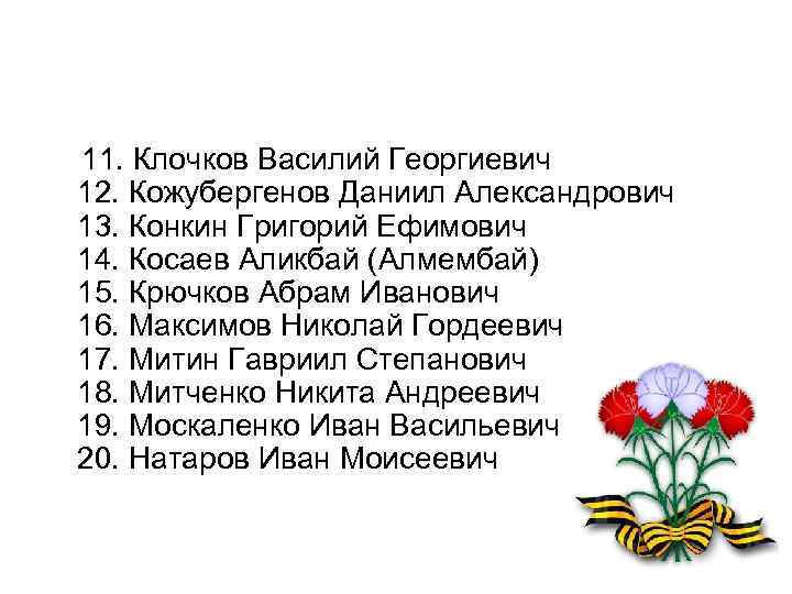  11. Клочков Василий Георгиевич 12. Кожубергенов Даниил Александрович 13. Конкин Григорий Ефимович 14.