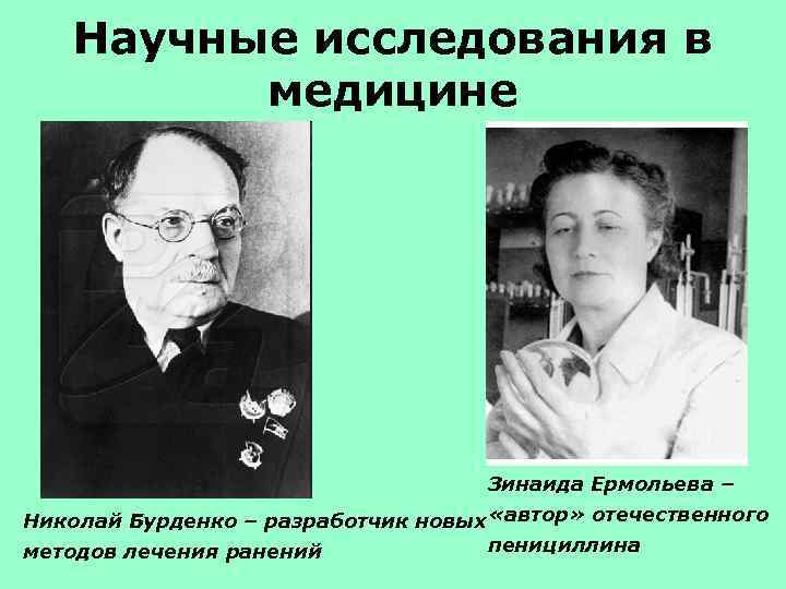 Научные исследования в медицине Зинаида Ермольева – Николай Бурденко – разработчик новых «автор» отечественного