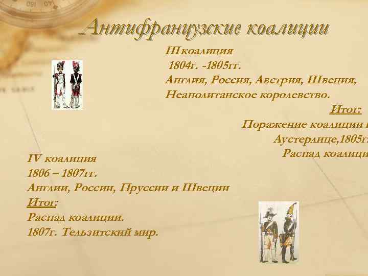 Антифранцузские коалиции III коалиция 1804 г. -1805 гг. Англия, Россия, Австрия, Швеция, Неаполитанское королевство.