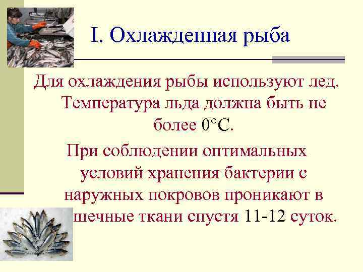 I. Охлажденная рыба Для охлаждения рыбы используют лед. Температура льда должна быть не более