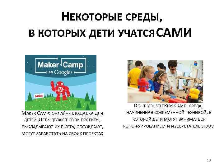 НЕКОТОРЫЕ СРЕДЫ, В КОТОРЫХ ДЕТИ УЧАТСЯ САМИ DO-IT-YOUSELF KIDS CAMP: СРЕДА, MAKER CAMP: ОНЛАЙН-ПЛОЩАДКА