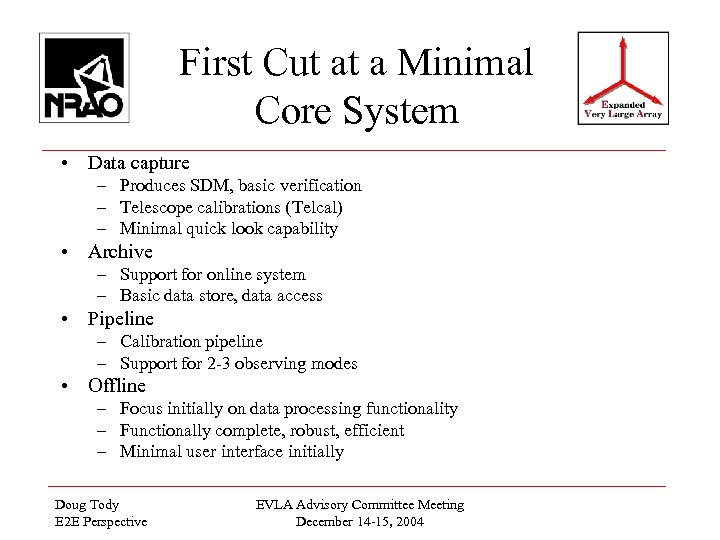 First Cut at a Minimal Core System • Data capture – Produces SDM, basic
