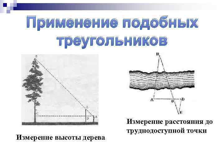 Применение подобных треугольников Измерение высоты дерева Измерение расстояния до труднодоступной точки 