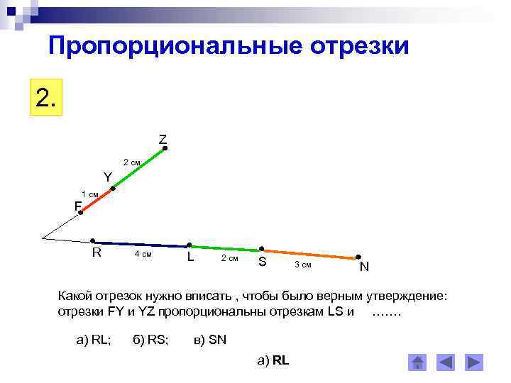 Пропорциональные отрезки 2. Z 2 см Y 1 cм F R 4 см L