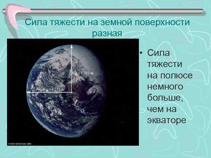 Сила тяжести на земной поверхности разная • Сила тяжести на полюсе немного больше, чем