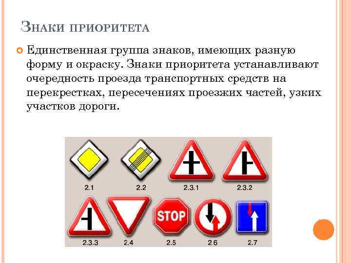 ЗНАКИ ПРИОРИТЕТА Единственная группа знаков, имеющих разную форму и окраску. Знаки приоритета устанавливают очередность