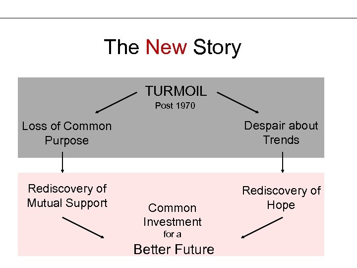 The New Story The Old Story TURMOIL Post 1970 Loss of Common Purpose Despair