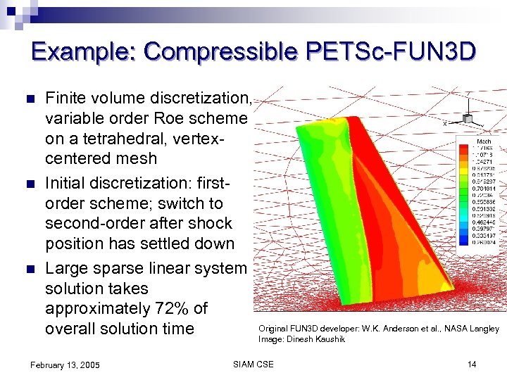 Example: Compressible PETSc-FUN 3 D n n n Finite volume discretization, variable order Roe