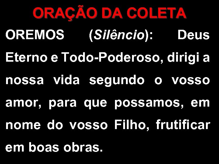 ORAÇÃO DA COLETA OREMOS (Silêncio): Deus Eterno e Todo-Poderoso, dirigi a nossa vida segundo