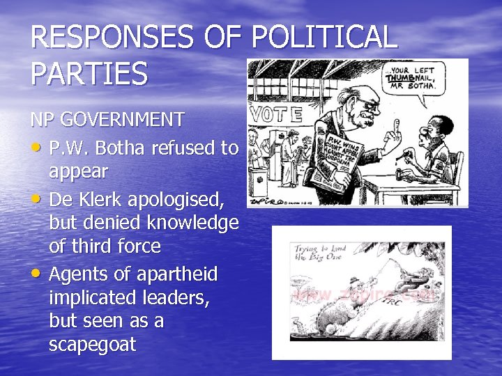 RESPONSES OF POLITICAL PARTIES NP GOVERNMENT • P. W. Botha refused to appear •