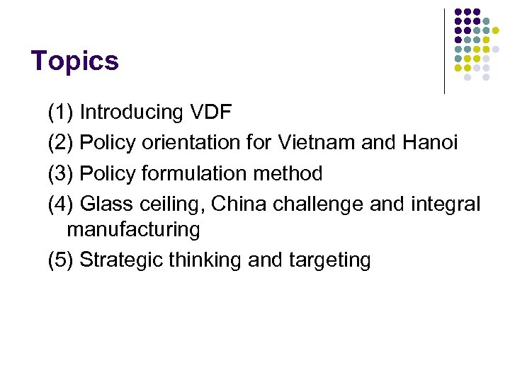 Topics (1) Introducing VDF (2) Policy orientation for Vietnam and Hanoi (3) Policy formulation