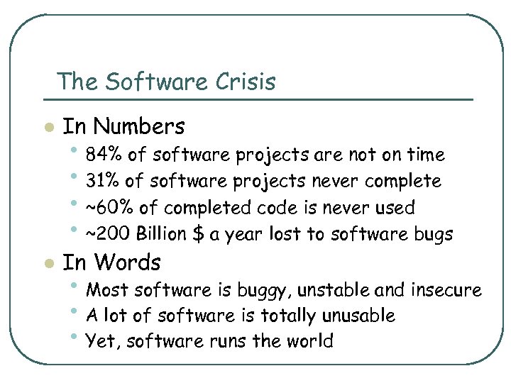 The Software Crisis l In Numbers l In Words • 84% of software projects