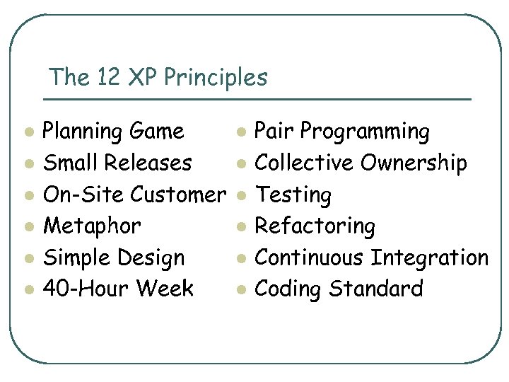 The 12 XP Principles l l l Planning Game Small Releases On-Site Customer Metaphor