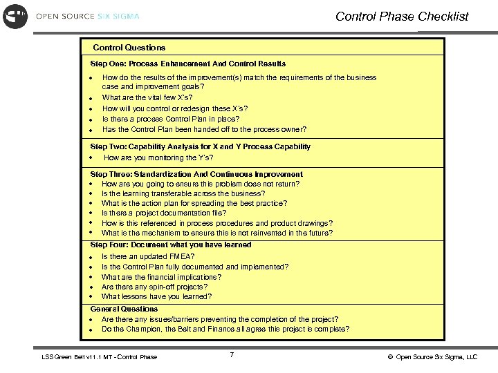 Control Phase Checklist Control Questions Step One: Process Enhancement And Control Results · ·