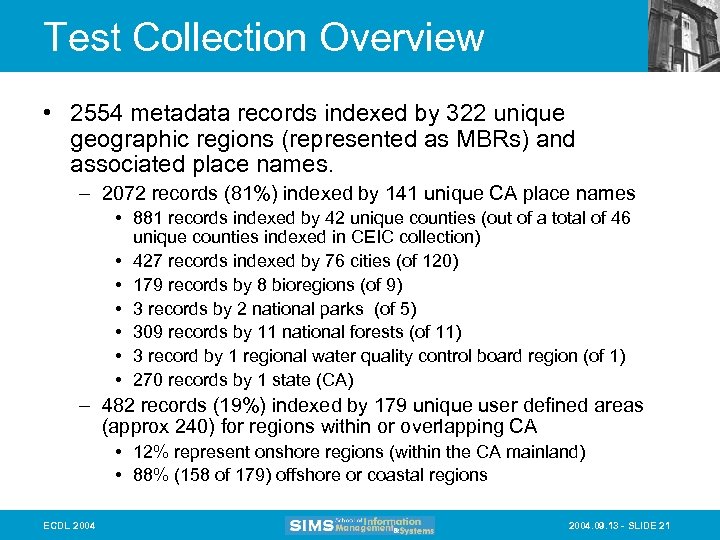 Test Collection Overview • 2554 metadata records indexed by 322 unique geographic regions (represented
