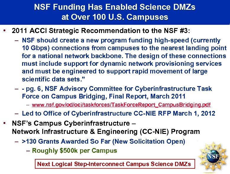NSF Funding Has Enabled Science DMZs at Over 100 U. S. Campuses • 2011