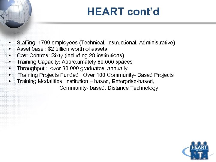 HEART cont’d • • Staffing: 1700 employees (Technical, Instructional, Administrative) Asset base : $2