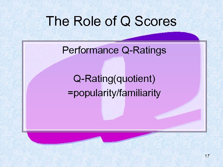 The Role of Q Scores Performance Q-Ratings Q-Rating(quotient) =popularity/familiarity 17 
