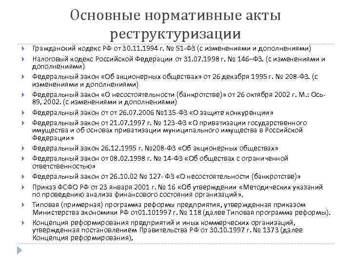 Основные нормативные акты реструктуризации Гражданский кодекс РФ от 30. 11. 1994 г. № 51