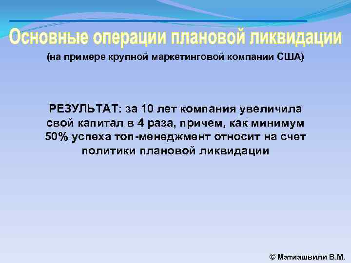 (на примере крупной маркетинговой компании США) РЕЗУЛЬТАТ: за 10 лет компания увеличила свой капитал