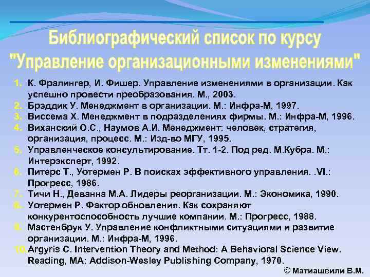1. К. Фралингер, И. Фишер. Управление изменениями в организации. Как успешно провести преобразования. М.