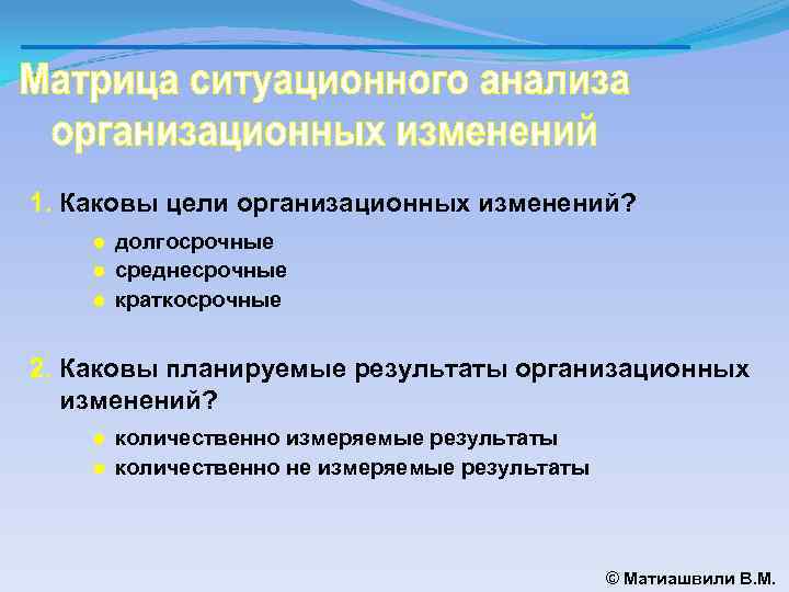 1. Каковы цели организационных изменений? ● долгосрочные ● среднесрочные ● краткосрочные 2. Каковы планируемые
