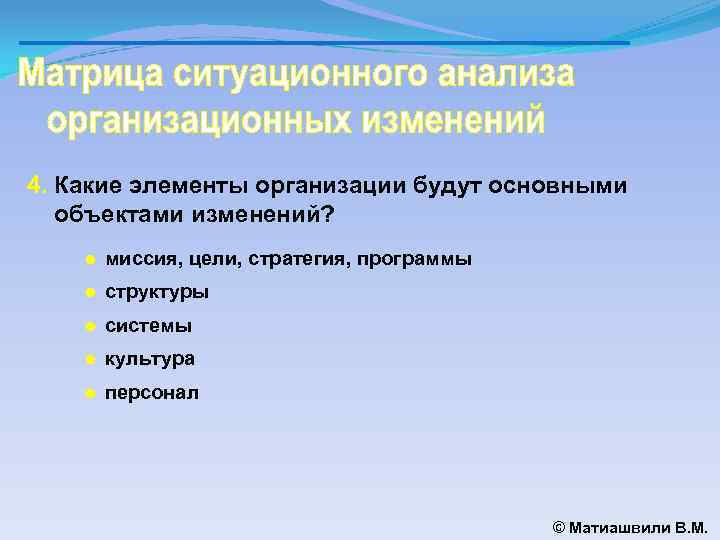 4. Какие элементы организации будут основными объектами изменений? ● миссия, цели, стратегия, программы ●