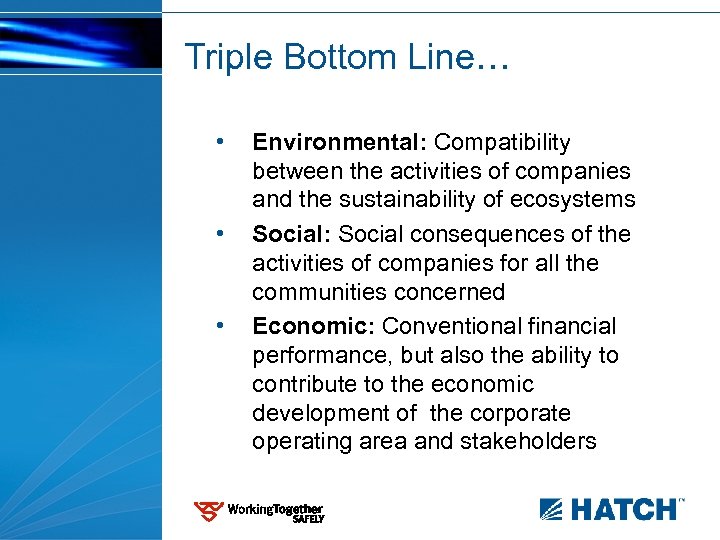 Triple Bottom Line… • • • Environmental: Compatibility between the activities of companies and