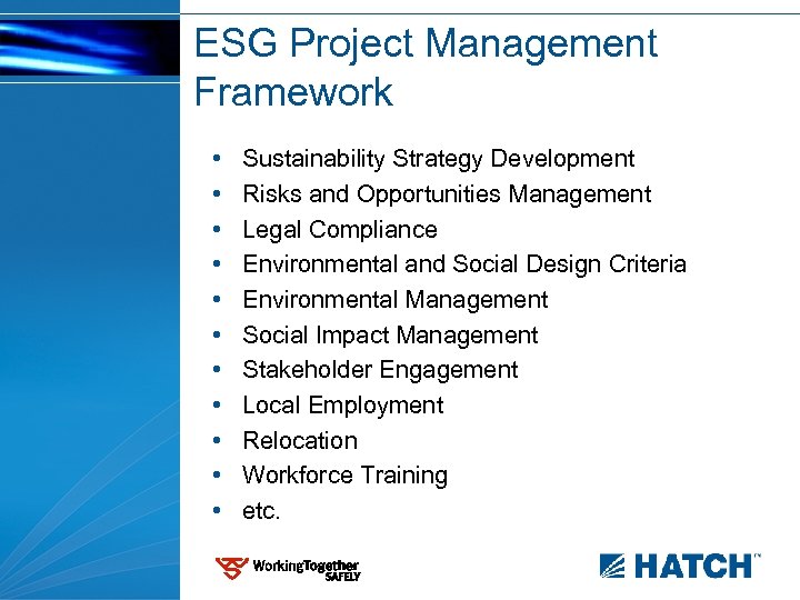 ESG Project Management Framework • • • Sustainability Strategy Development Risks and Opportunities Management