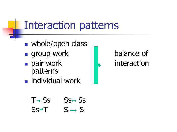 Interaction patterns n n whole/open class group work pair work patterns individual work T