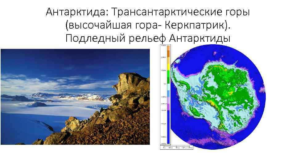 Антарктида: Трансантарктические горы (высочайшая гора- Керкпатрик). Подледный рельеф Антарктиды 