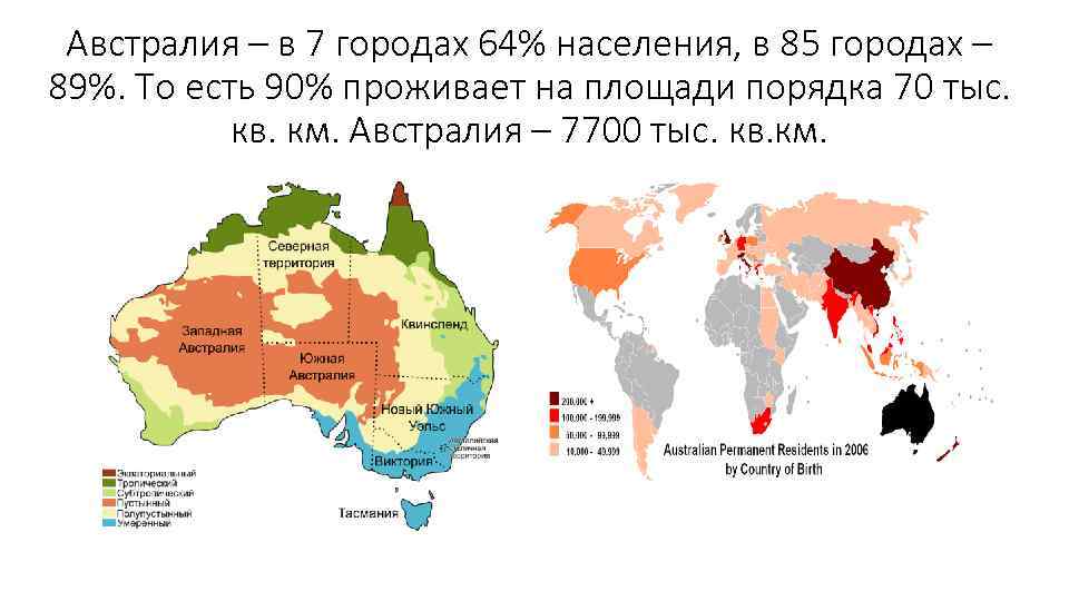 Австралия – в 7 городах 64% населения, в 85 городах – 89%. То есть