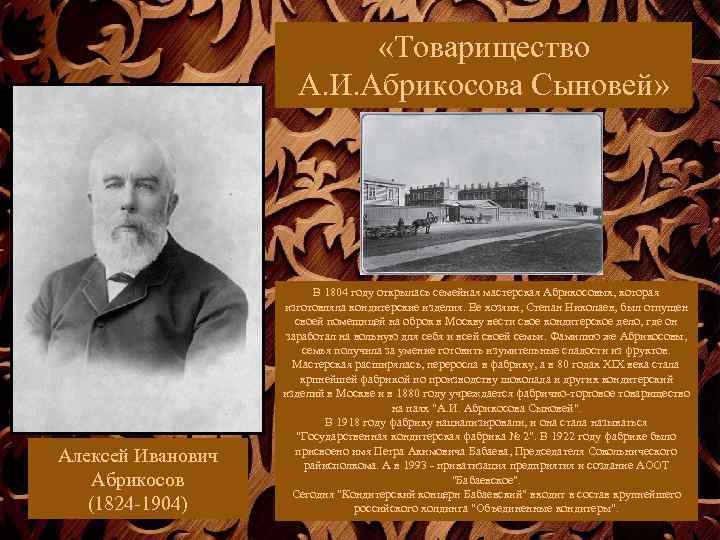  «Товарищество А. И. Абрикосова Сыновей» Алексей Иванович Абрикосов (1824 -1904) В 1804 году