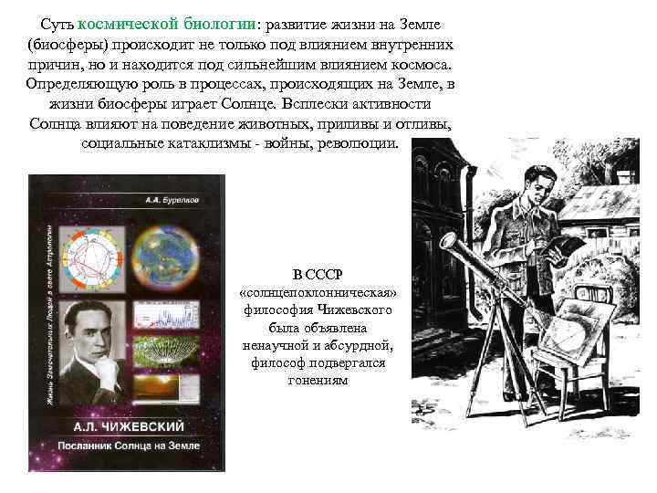 Суть космической биологии: развитие жизни на Земле (биосферы) происходит не только под влиянием внутренних