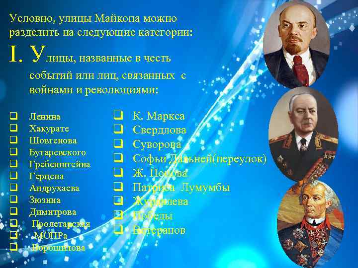 Условно, улицы Майкопа можно разделить на следующие категории: I. Улицы, названные в честь событий